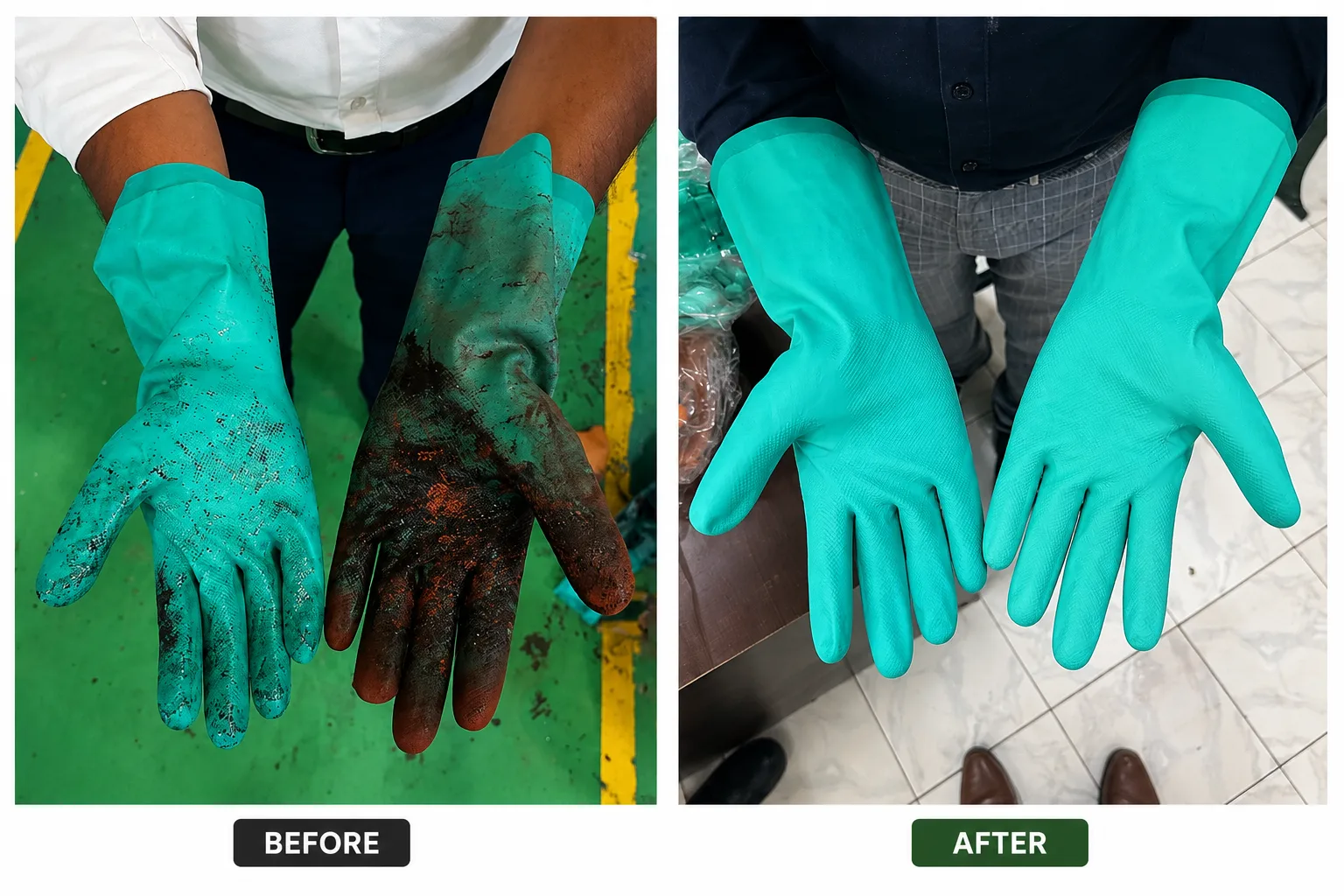 Chemical resistant PVC gloves before and after recycling